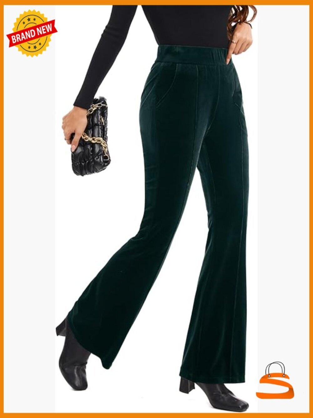 Velvet Flared Pants Elastic Waist Pull On High Rise Bell Bottom Trousers
